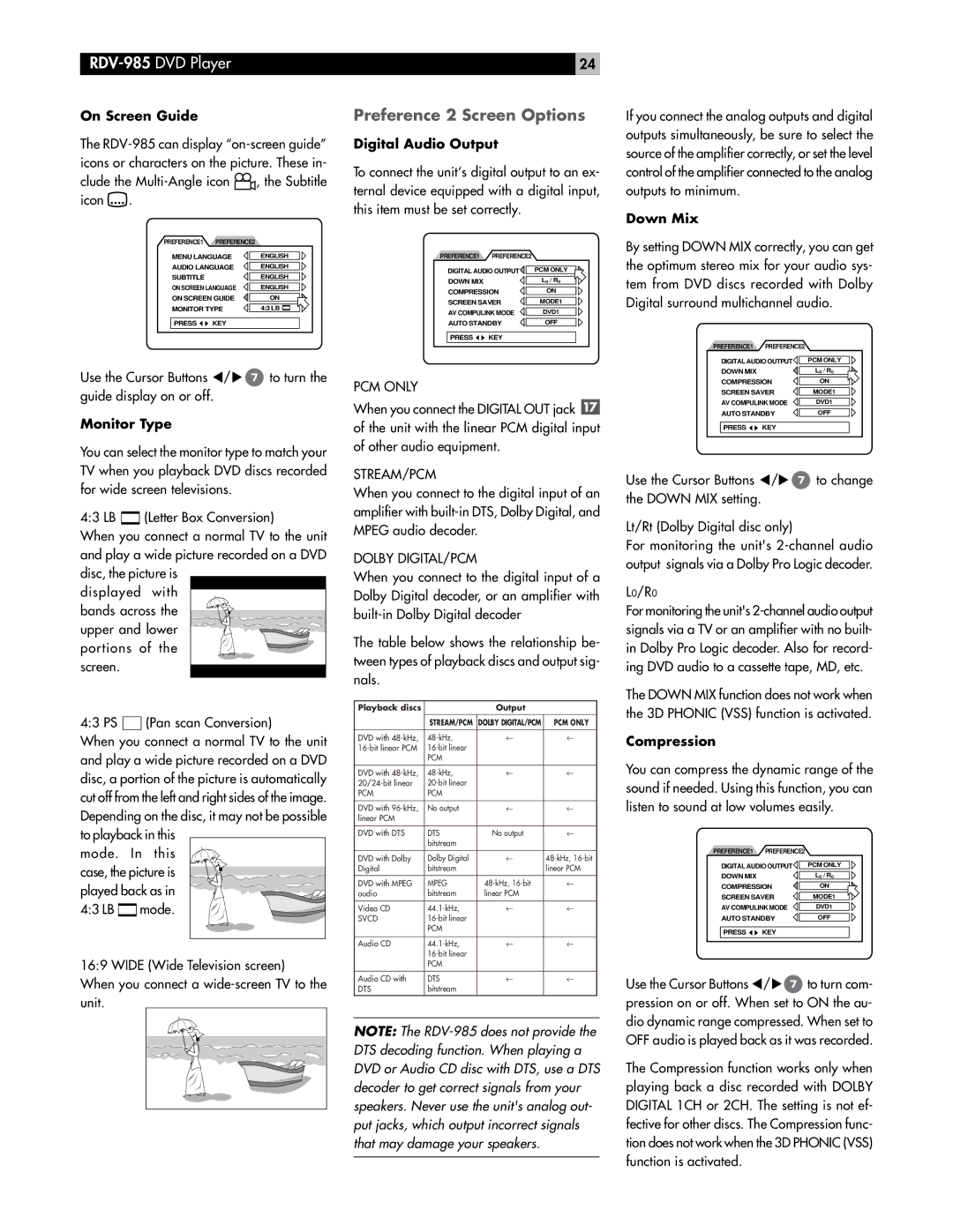 Rotel RDV-985 owner manual Preference 2 Screen Options 