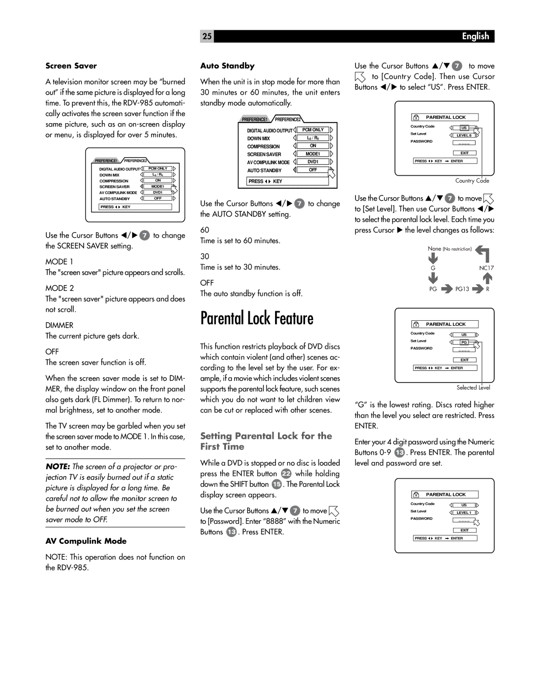 Rotel RDV-985 owner manual Setting Parental Lock for the First Time, Screen Saver, Auto Standby, AV Compulink Mode 