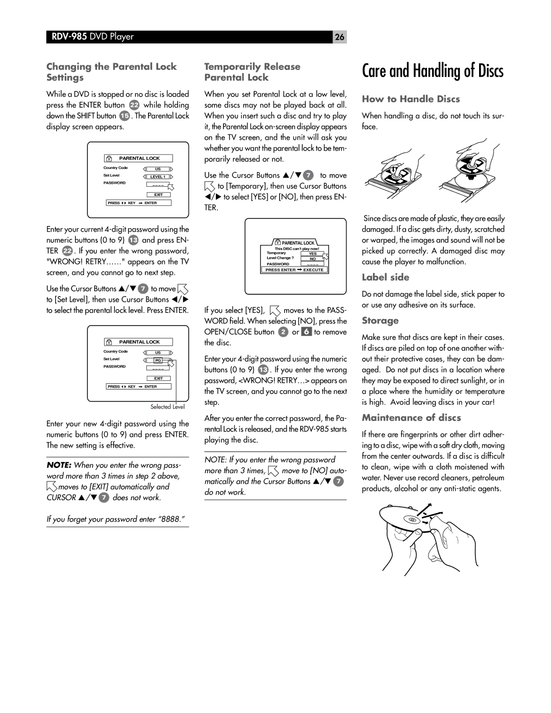 Rotel RDV-985 Changing the Parental Lock Settings, Temporarily Release Parental Lock, How to Handle Discs, Label side 