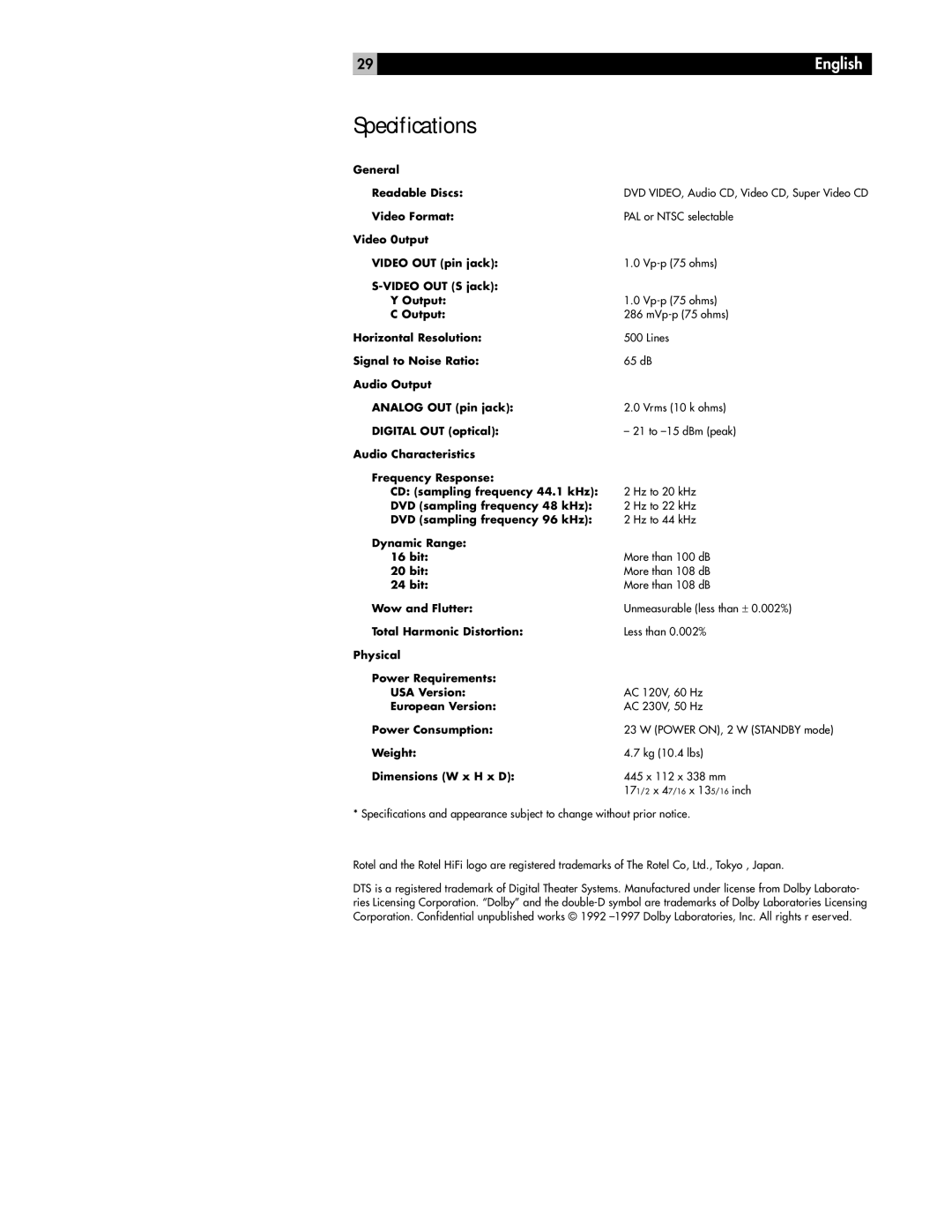 Rotel RDV-985 owner manual Specifications, Dimensions W x H x D 