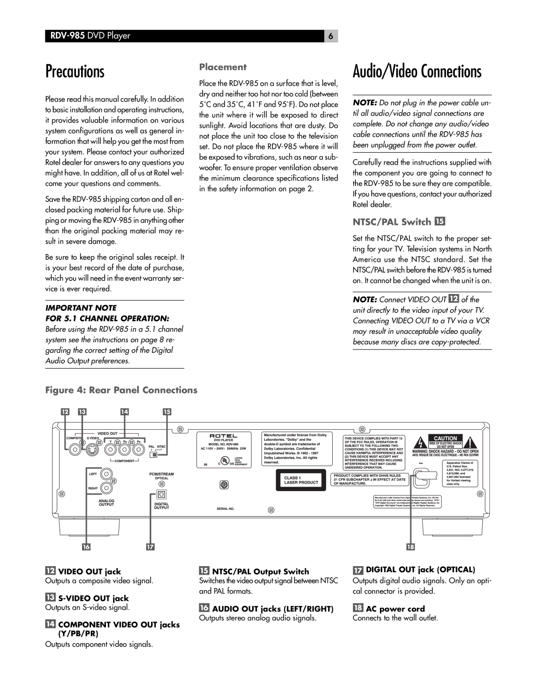 Rotel RDV-985 owner manual Precautions, Placement, NTSC/PAL Switch 