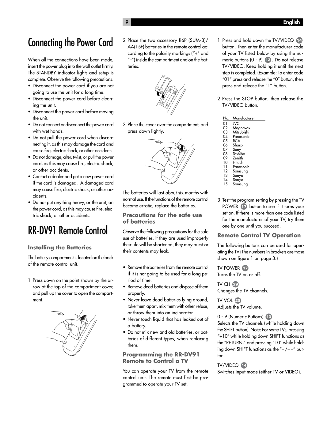 Rotel RDV-985 owner manual Installing the Batteries, Precautions for the safe use of batteries, Remote Control TV Operation 