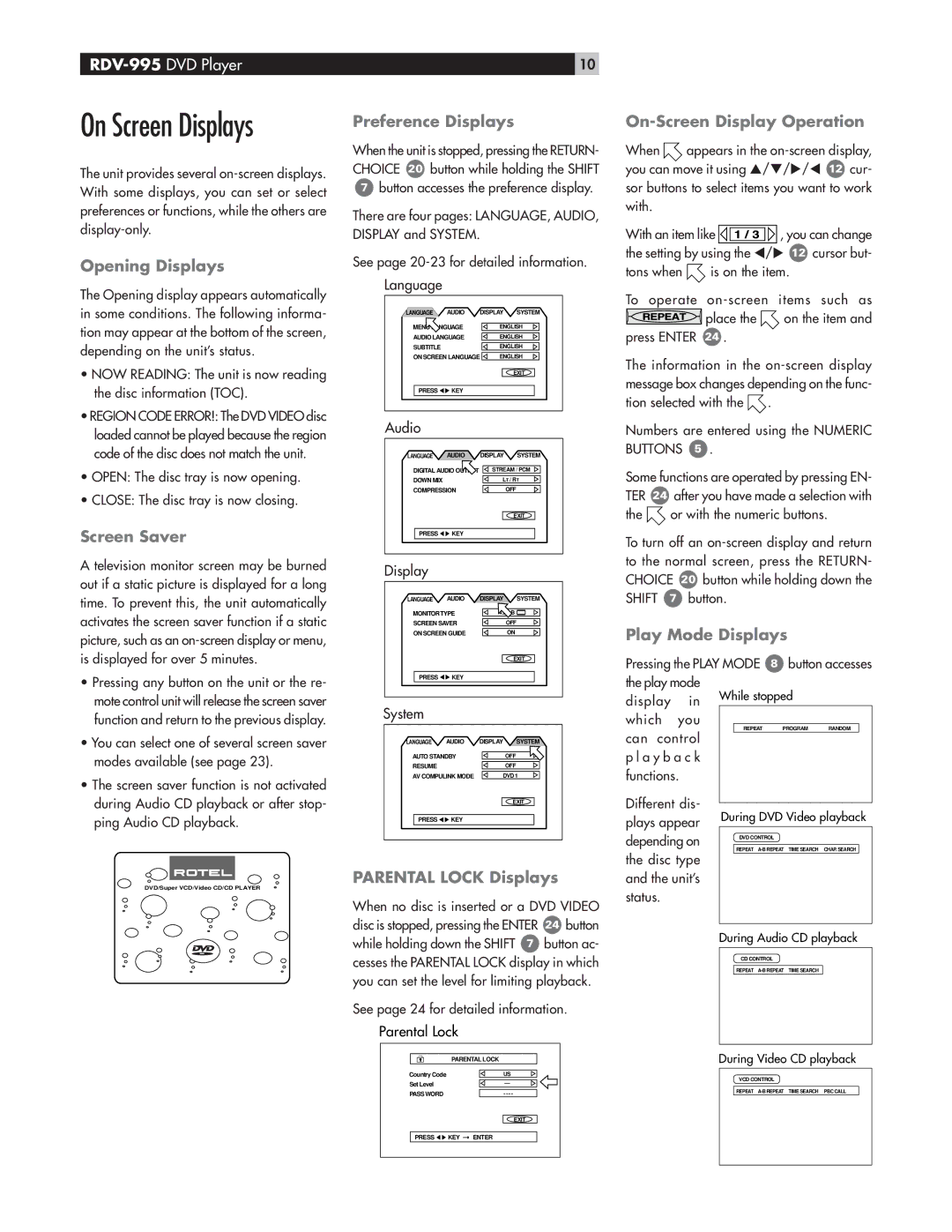 Rotel RDV-995 Opening Displays Preference Displays, On-Screen Display Operation, Screen Saver, Play Mode Displays 