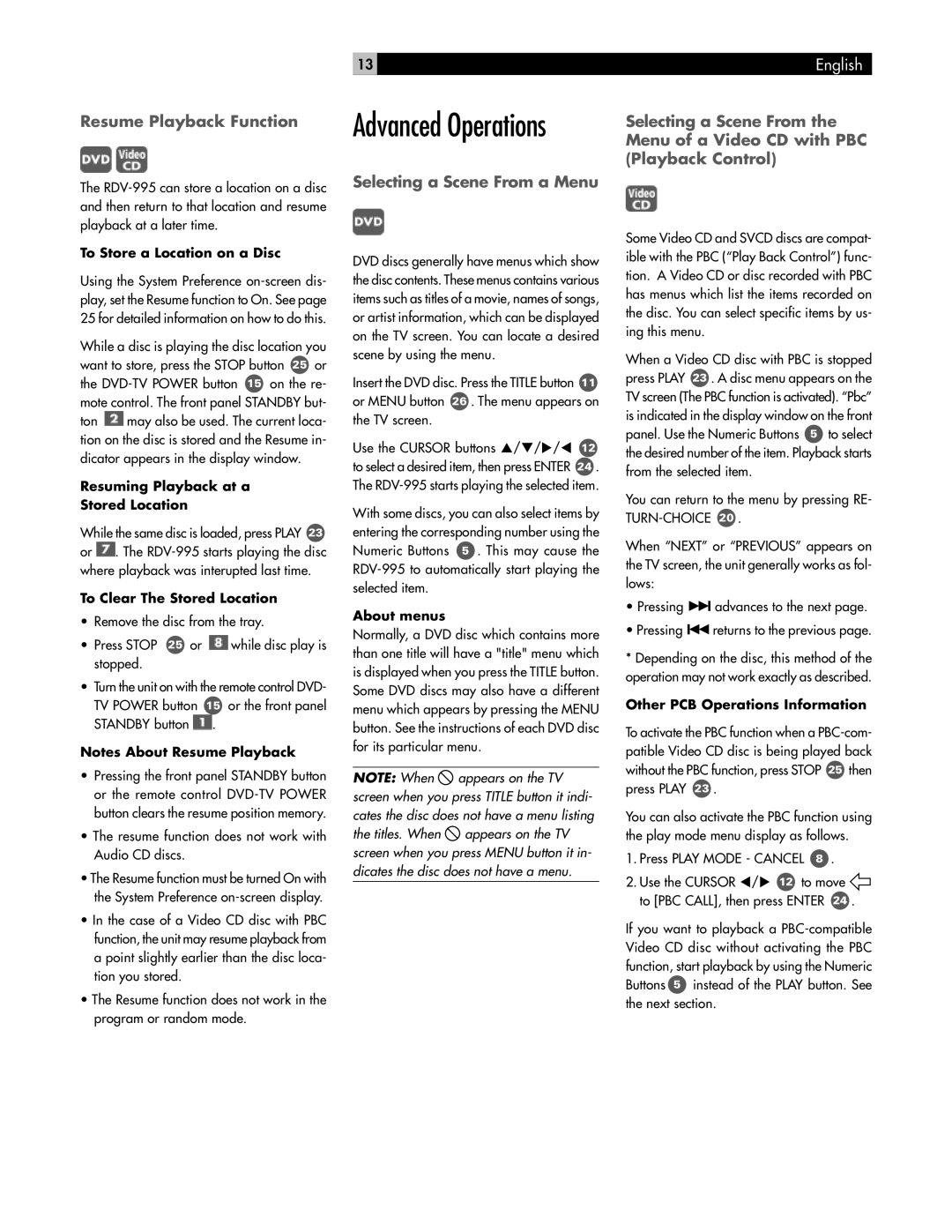 Rotel RDV-995 owner manual Resume Playback Function, Selecting a Scene From a Menu 