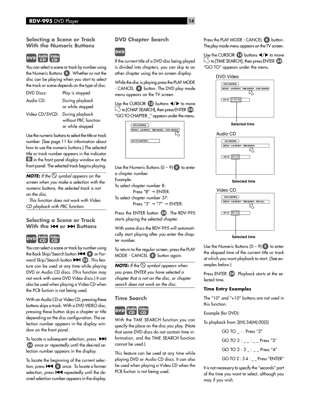 Rotel RDV-995 Selecting a Scene or Track With the Numeric Buttons, Selecting a Scene or Track With the or Buttons 