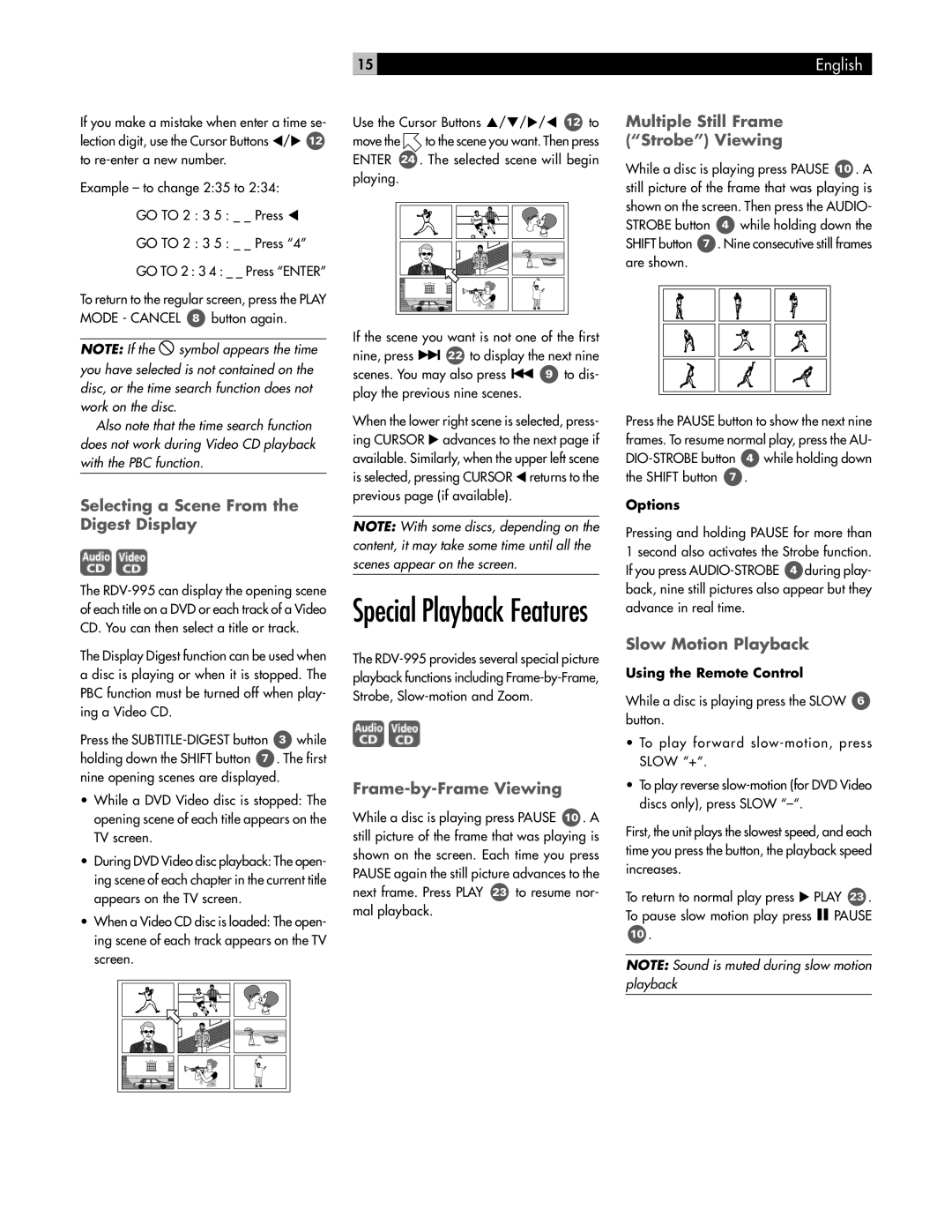 Rotel RDV-995 owner manual Special Playback Features, Selecting a Scene From the Digest Display, Frame-by-Frame Viewing 