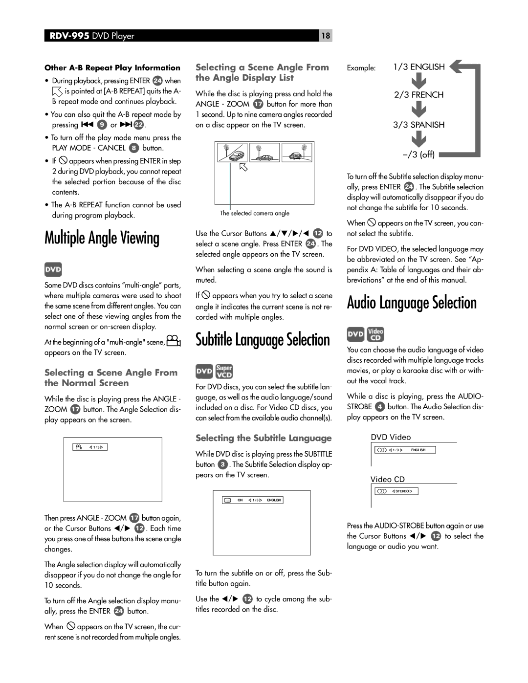 Rotel RDV-995 Selecting a Scene Angle From the Normal Screen, Selecting a Scene Angle From the Angle Display List 