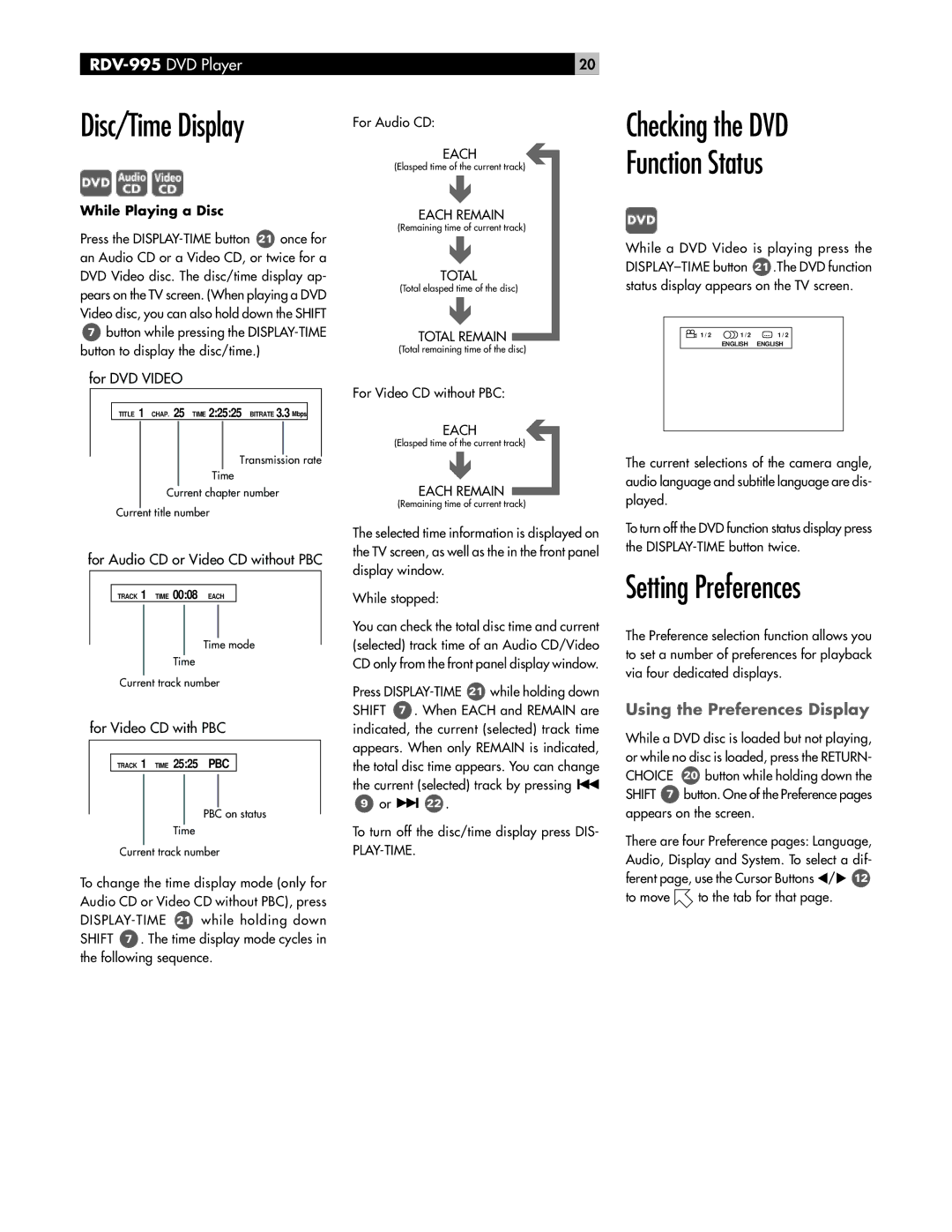 Rotel RDV-995 Disc/Time Display, Checking the DVD Function Status, Setting Preferences, Using the Preferences Display 