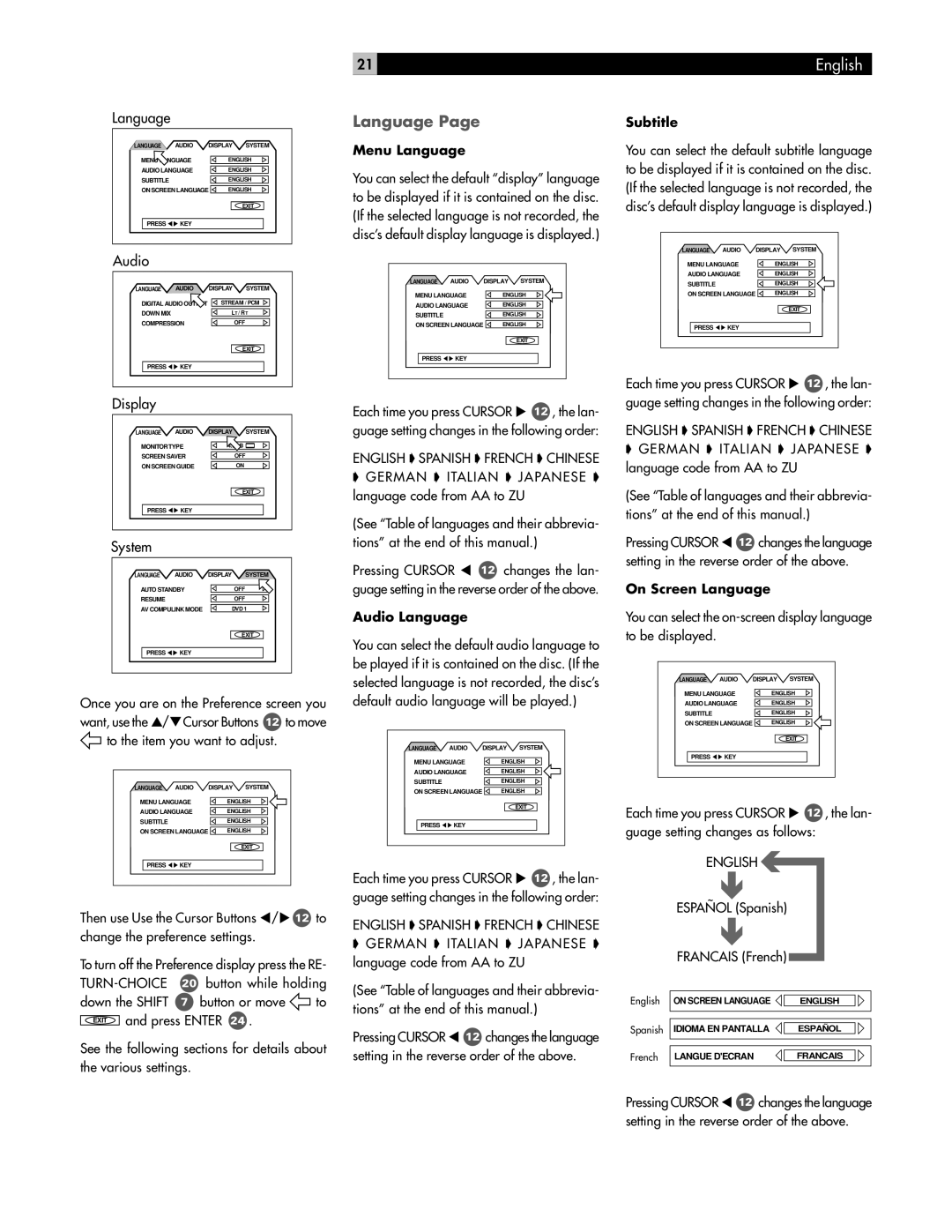 Rotel RDV-995 owner manual Menu Language, Audio Language, Subtitle, On Screen Language 