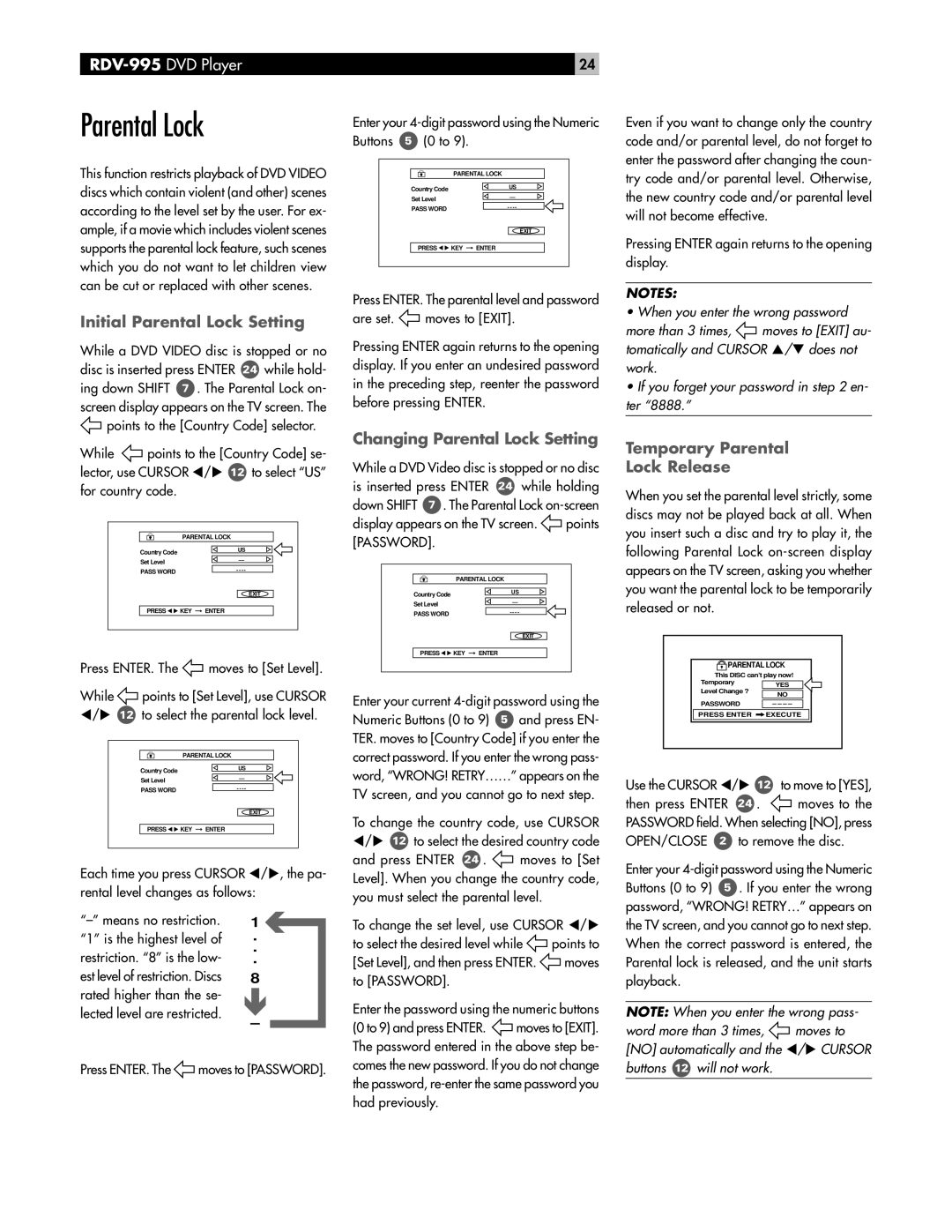 Rotel RDV-995 Initial Parental Lock Setting, Changing Parental Lock Setting, Temporary Parental Lock Release 