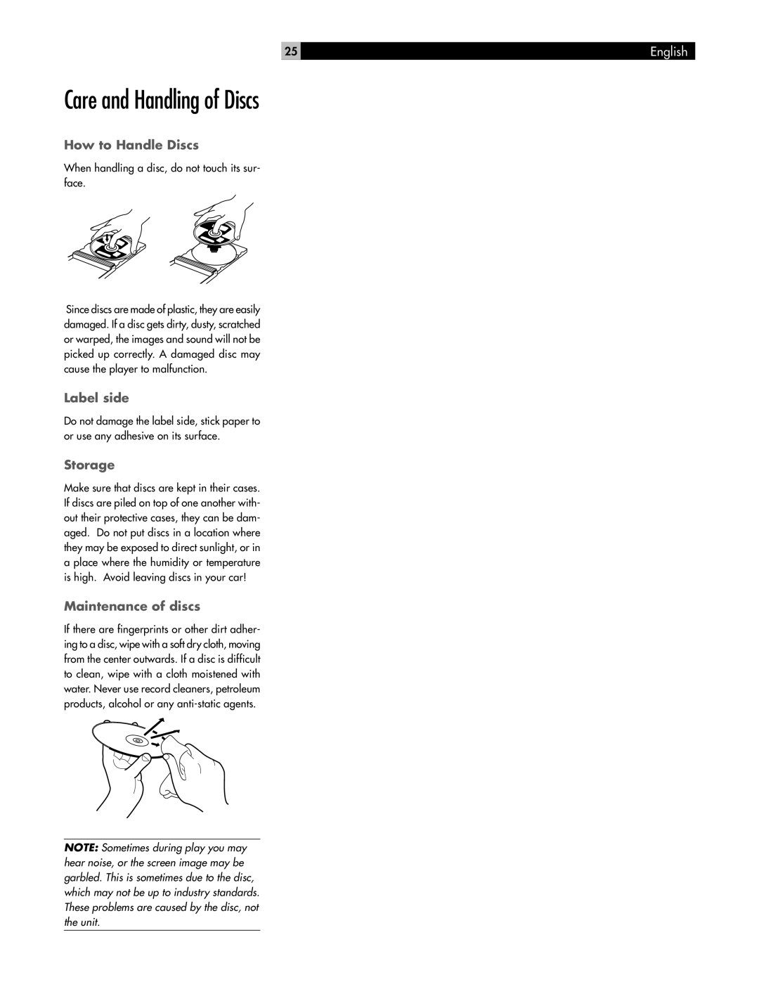 Rotel RDV-995 owner manual Care and Handling of Discs, How to Handle Discs, Label side, Storage, Maintenance of discs 