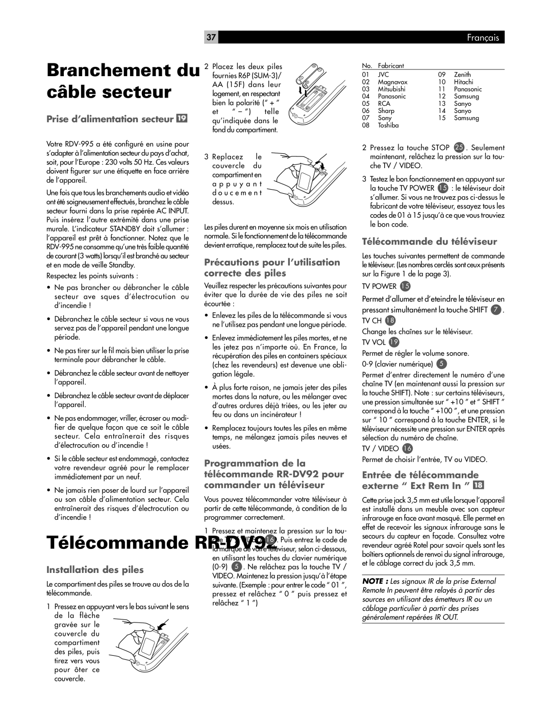 Rotel RDV-995 Prise d’alimentation secteur, Précautions pour l’utilisation, Correcte des piles, Télécommande du téléviseur 