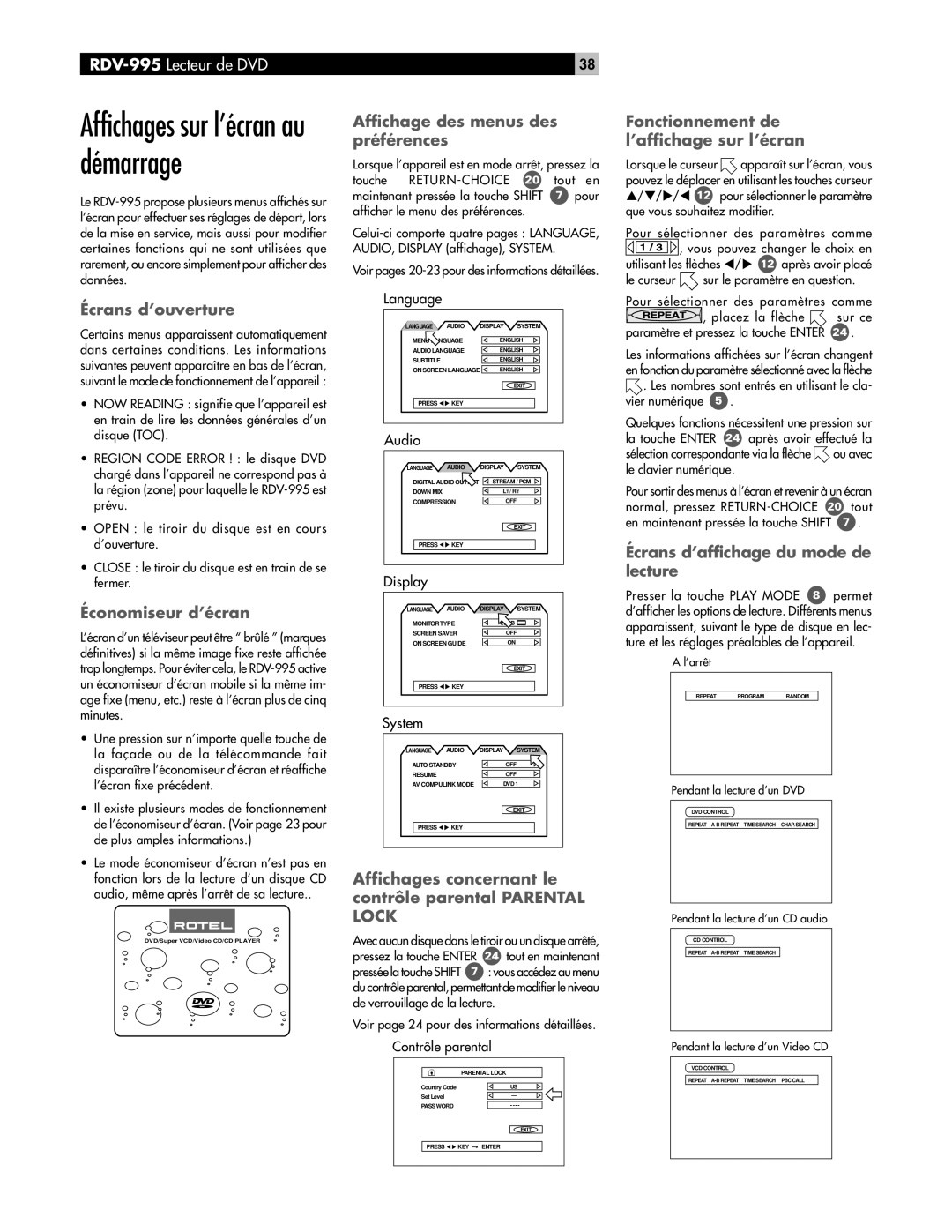 Rotel RDV-995 owner manual Affichages sur l’écran au démarrage 