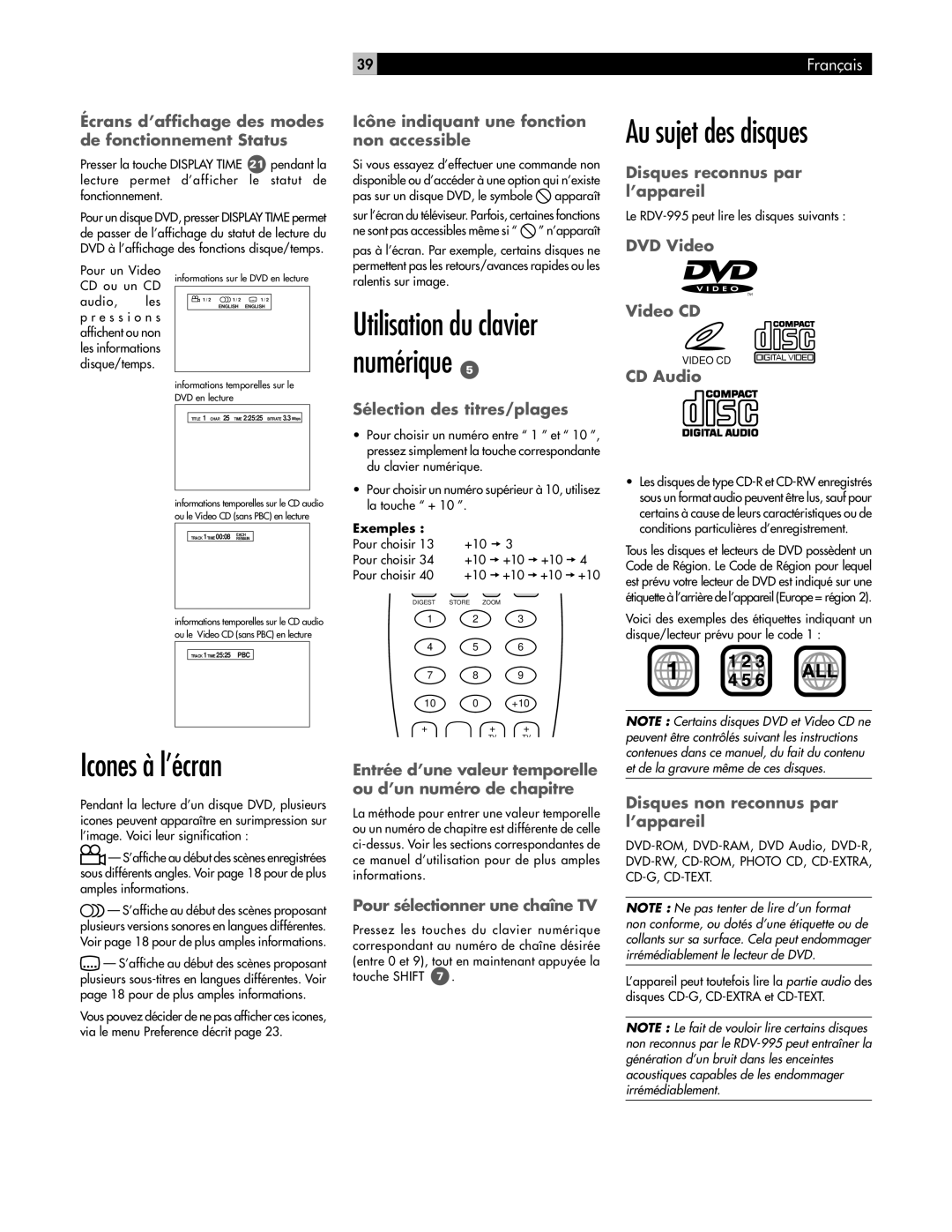 Rotel RDV-995 owner manual Au sujet des disques, Icones à l’écran 