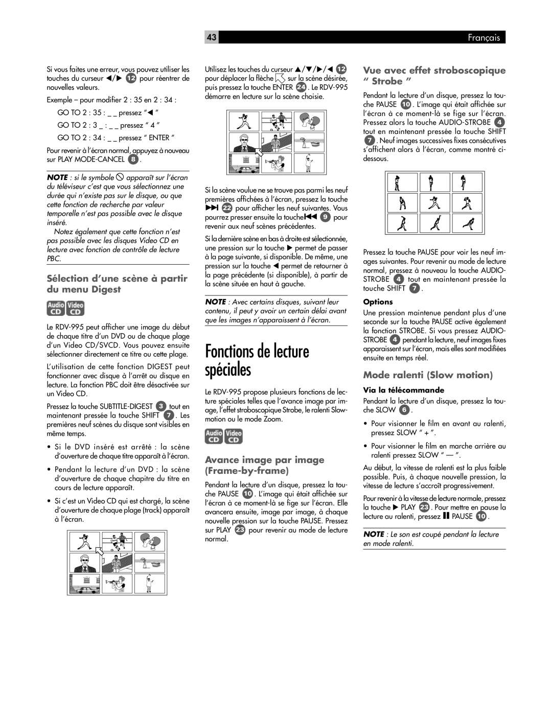 Rotel RDV-995 Sélection d’une scène à partir du menu Digest, Avance image par image Frame-by-frame, Via la télécommande 