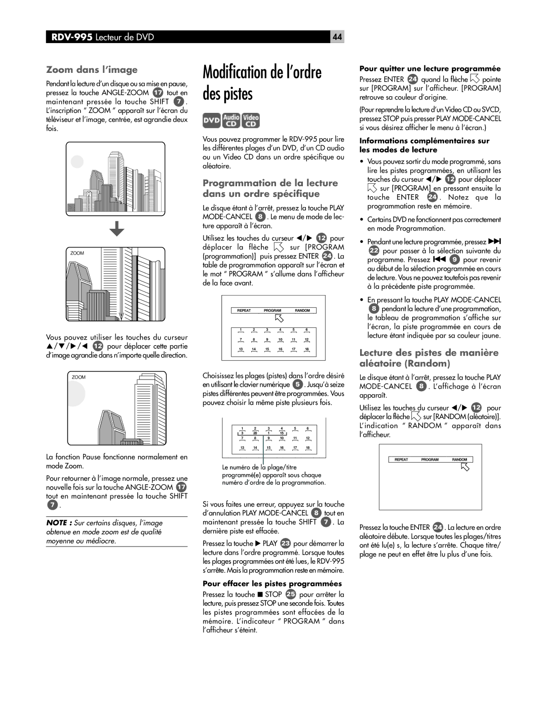 Rotel RDV-995 owner manual Zoom dans l’image, Programmation de la lecture dans un ordre spécifique 