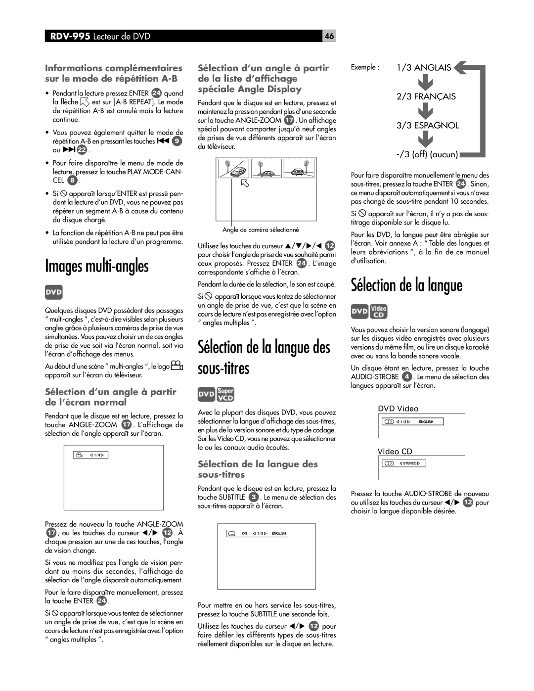 Rotel RDV-995 Sélection de la langue, Informations complémentaires sur le mode de répétition A-B, ExempleÊ 1/3 Anglais 