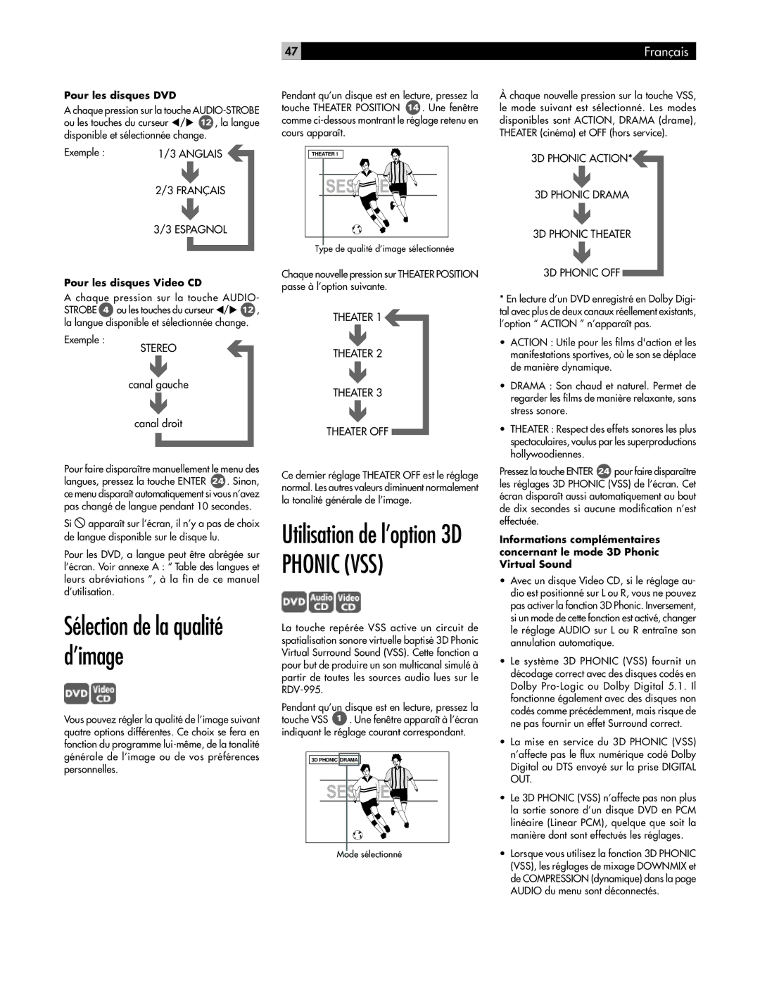 Rotel RDV-995 owner manual Pour les disques DVD, Pour les disques Video CD 