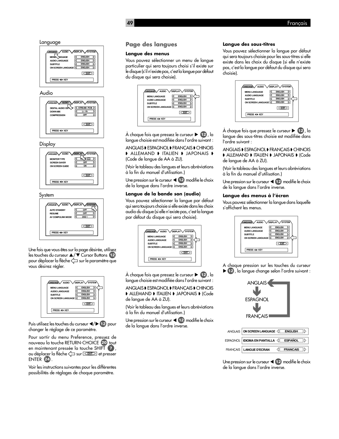 Rotel RDV-995 owner manual Des langues, Langue des menus, Langue de la bande son audio, Langue des sous-titres 