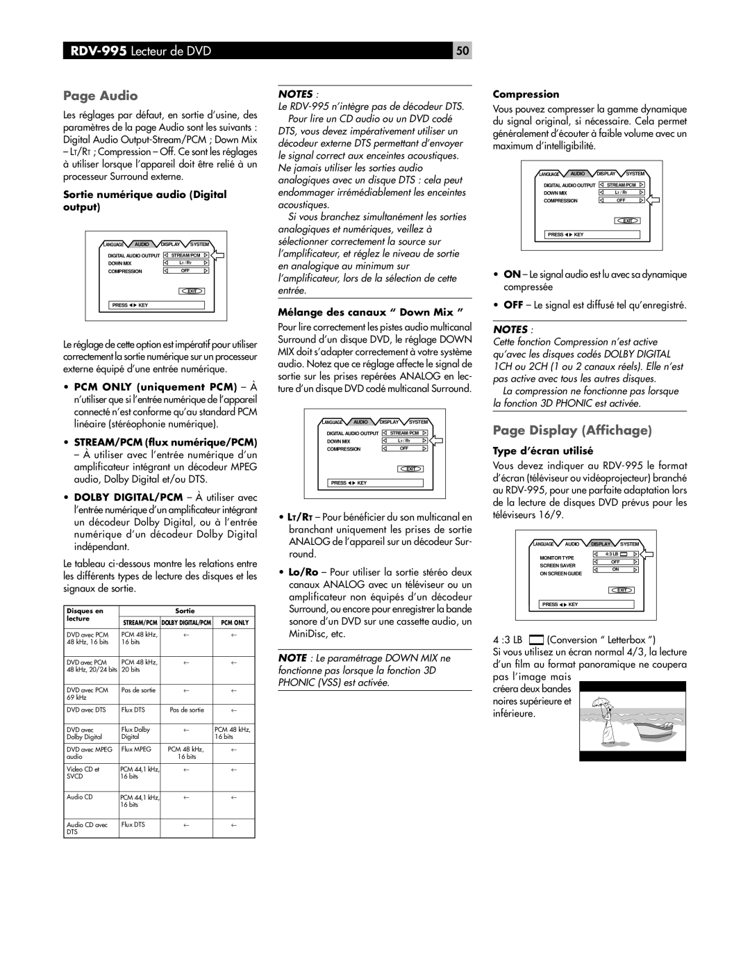 Rotel RDV-995 owner manual Display Affichage, Sortie numérique audio Digital output, STREAM/PCM flux numérique/PCM 