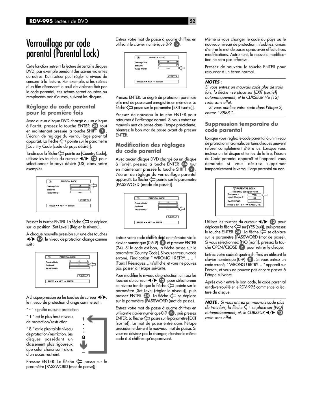 Rotel RDV-995 Réglage du code parental pour la première fois, Modification des réglages du code parental, Enter 