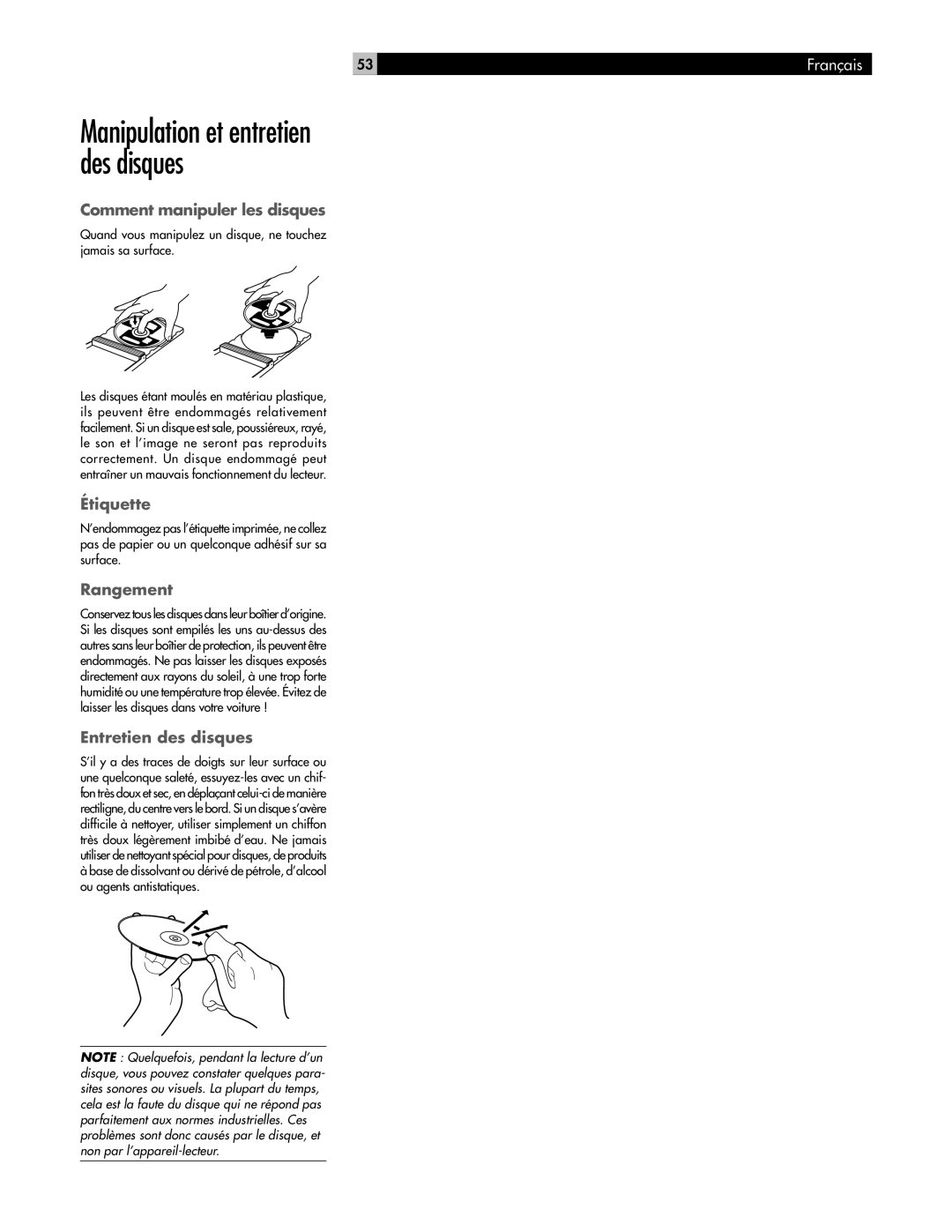 Rotel RDV-995 owner manual Comment manipuler les disques, Étiquette, Rangement, Entretien des disques 