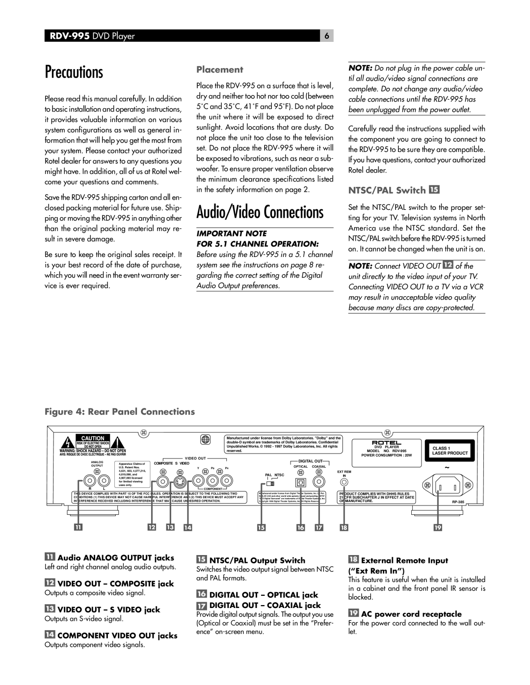 Rotel RDV-995 owner manual Precautions, Placement, NTSC/PAL Switch 