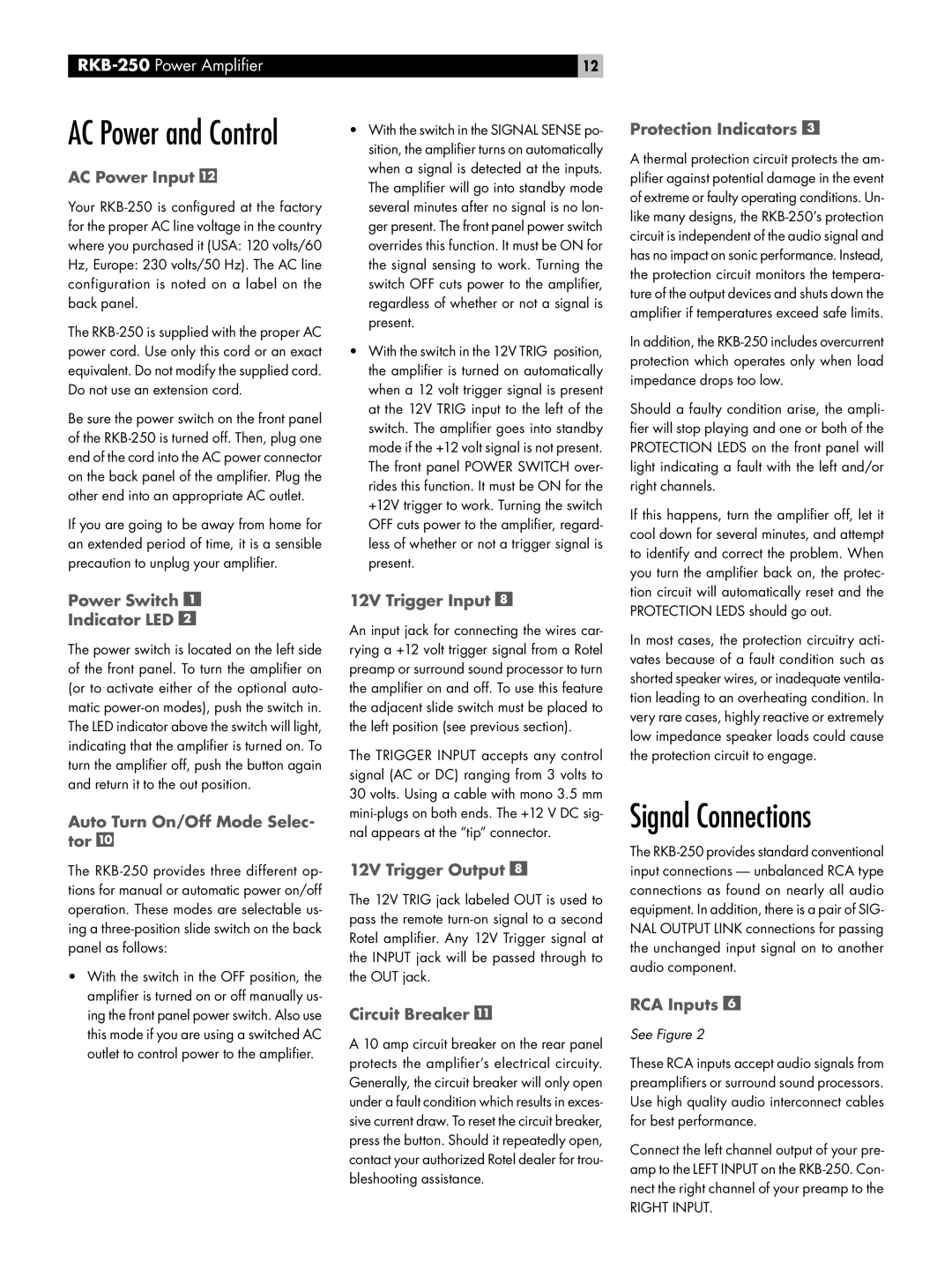 Rotel RKB-250 owner manual Signal Connections 