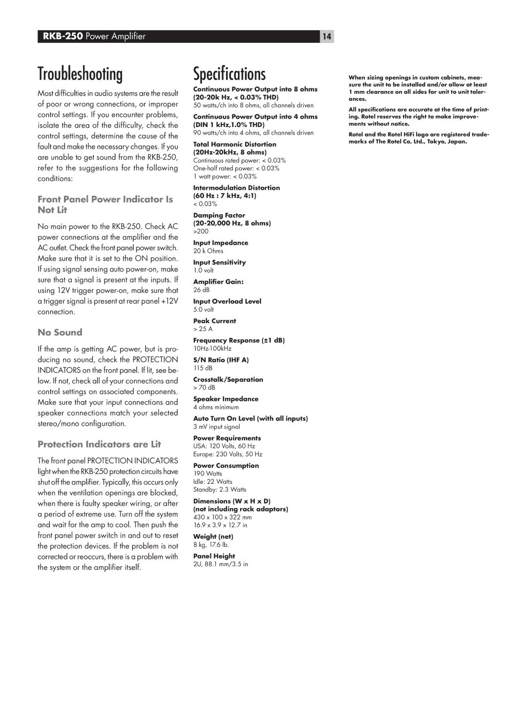 Rotel RKB-250 owner manual Troubleshooting, Speciﬁcations, Front Panel Power Indicator Is Not Lit, No Sound 