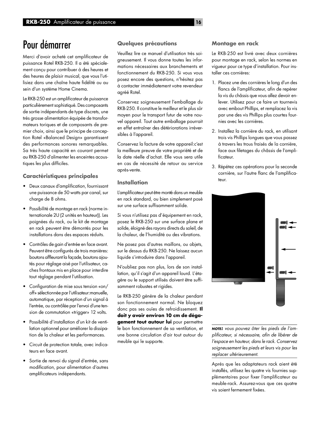 Rotel RKB-250 owner manual Quelques précautions, Montage en rack, Caractéristiques principales, Installation 