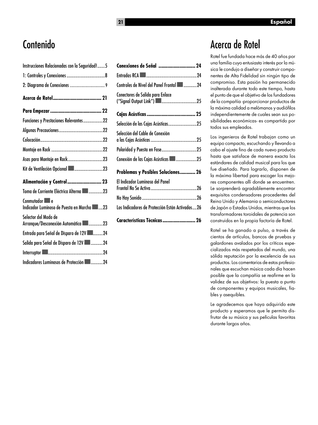 Rotel RKB-250 owner manual Contenido, Acerca de Rotel 