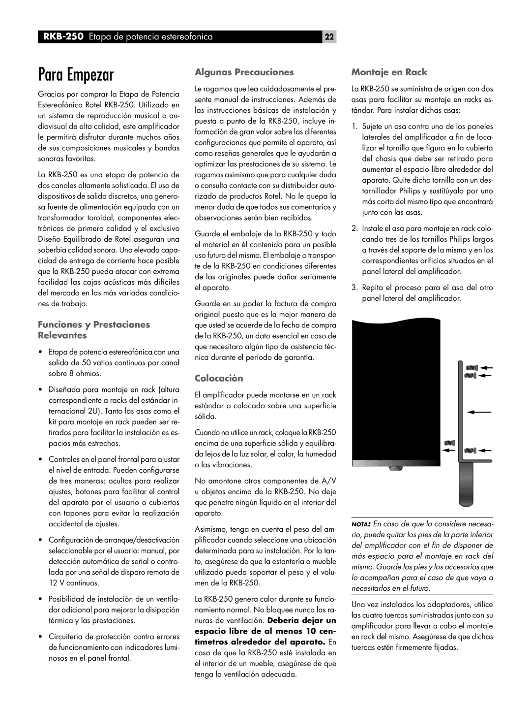 Rotel RKB-250 owner manual Algunas Precauciones, Montaje en Rack, Funciones y Prestaciones Relevantes, Colocación 