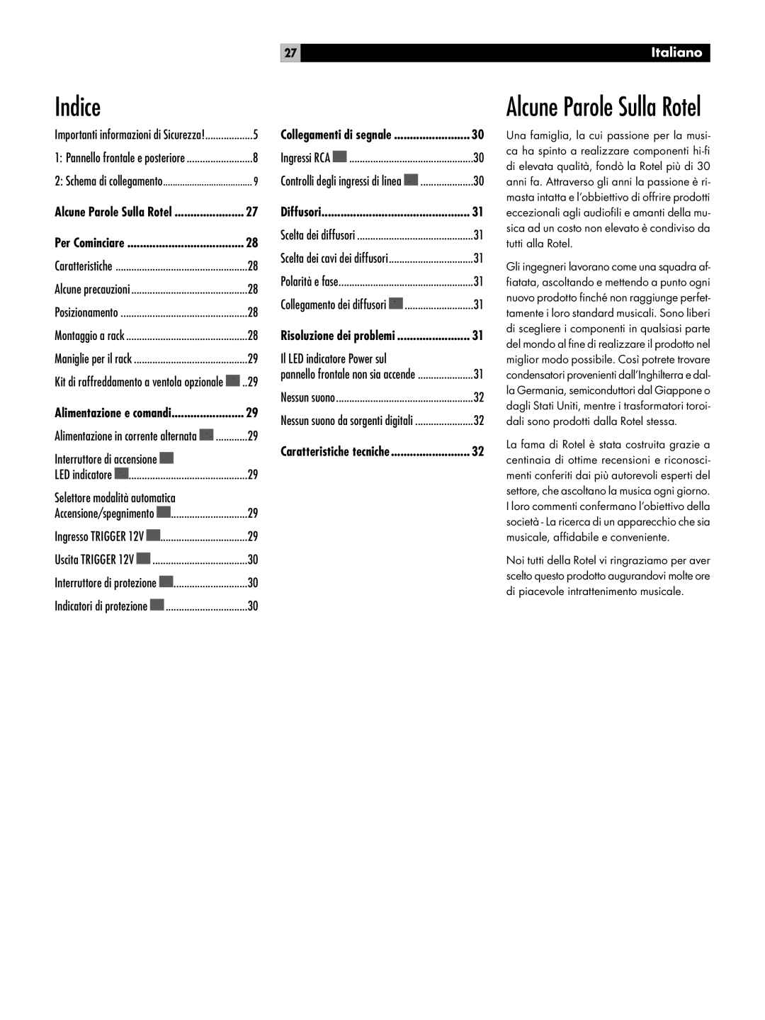 Rotel RKB-250 owner manual Indice, Interruttore di accensione, Selettore modalità automatica, Il LED indicatore Power sul 