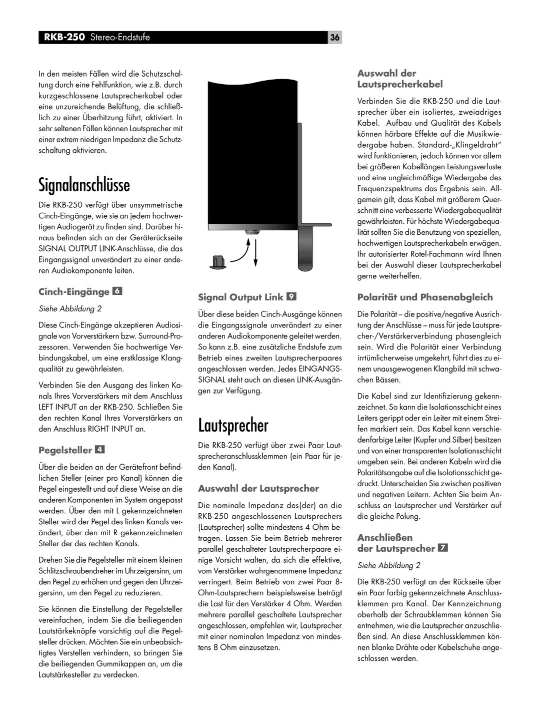 Rotel RKB-250 owner manual Signalanschlüsse, Lautsprecher 