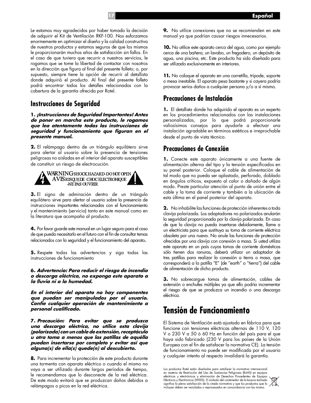 Rotel RKF-100 Tensión de Funcionamiento, Instrucciones de Seguridad, Precauciones de Instalación, Precauciones de Conexión 