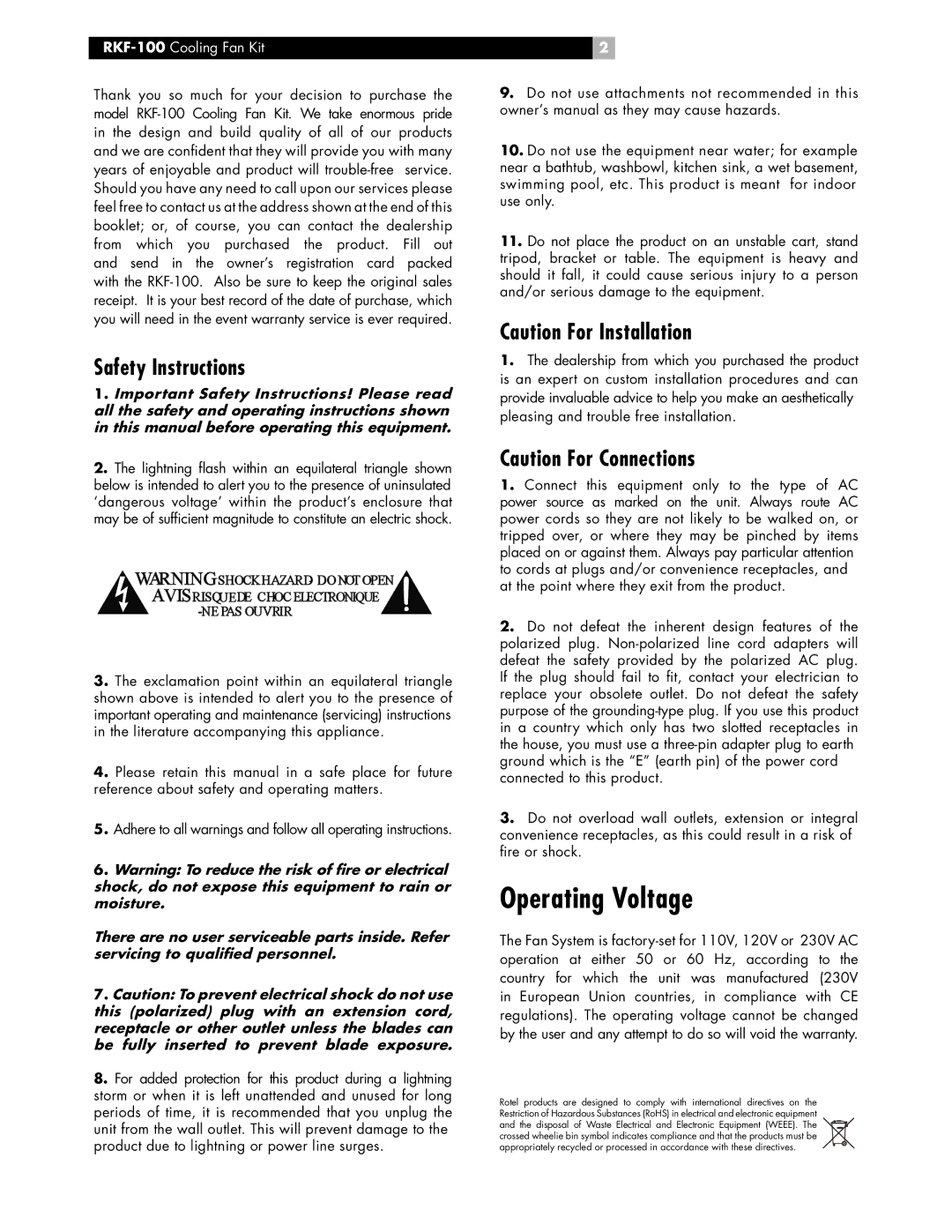 Rotel RKF-100 owner manual Operating Voltage, Safety Instructions 