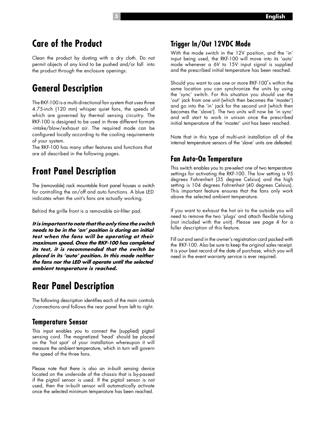 Rotel RKF-100 owner manual Care of the Product, General Description, Front Panel Description, Rear Panel Description 