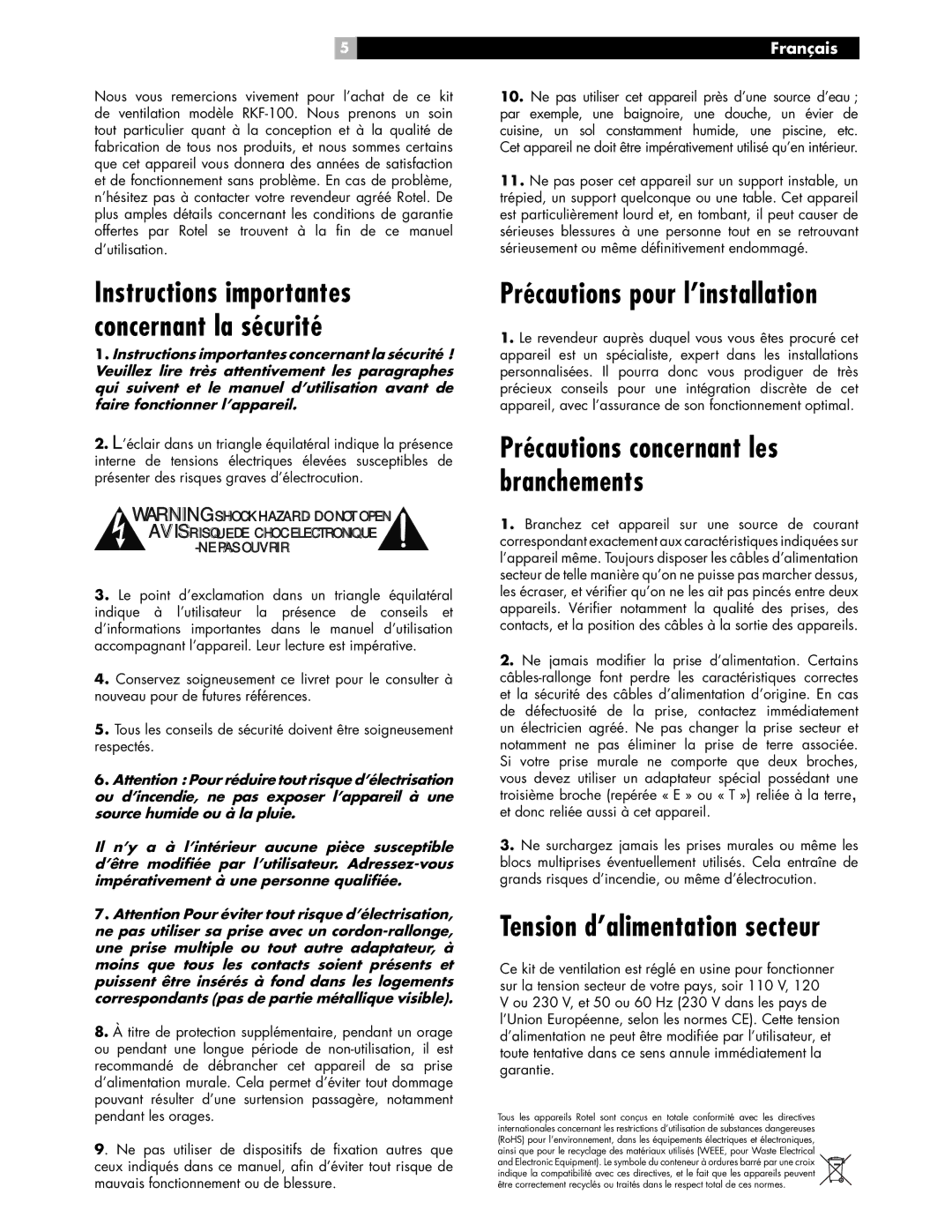 Rotel RKF-100 owner manual Précautions pour l’installation, Tension d’alimentation secteur, Français 