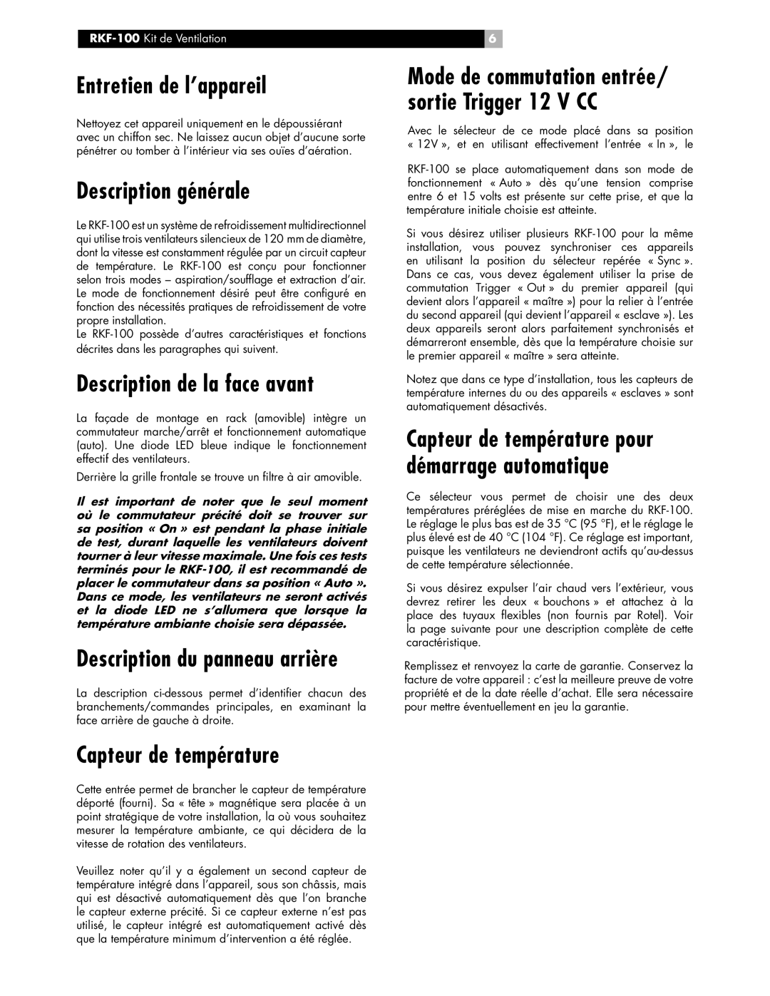 Rotel RKF-100 Entretien de l’appareil, Description générale, Description de la face avant, Capteur de température 