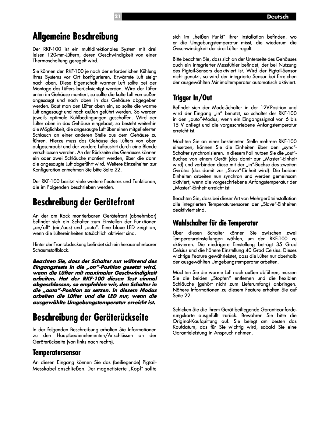 Rotel RKF-100 Allgemeine Beschreibung, Beschreibung der Gerätefront, Beschreibung der Geräterückseite, Trigger In/Out 