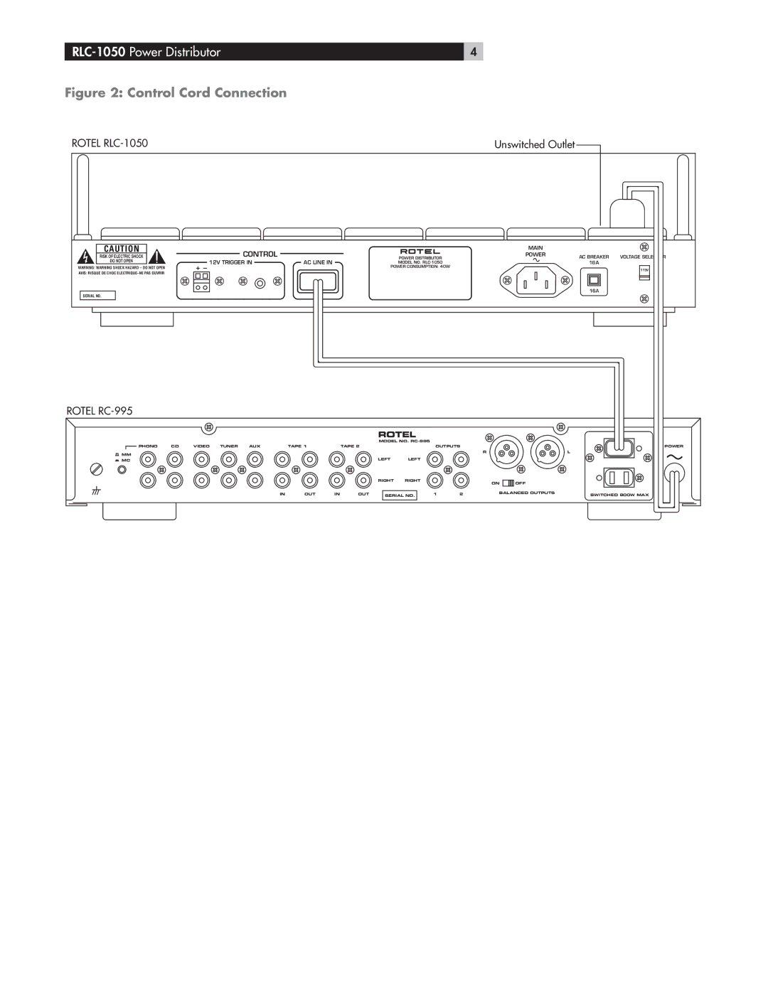 Rotel RLC-1050 owner manual Control Cord Connection, Rotel RC-995 