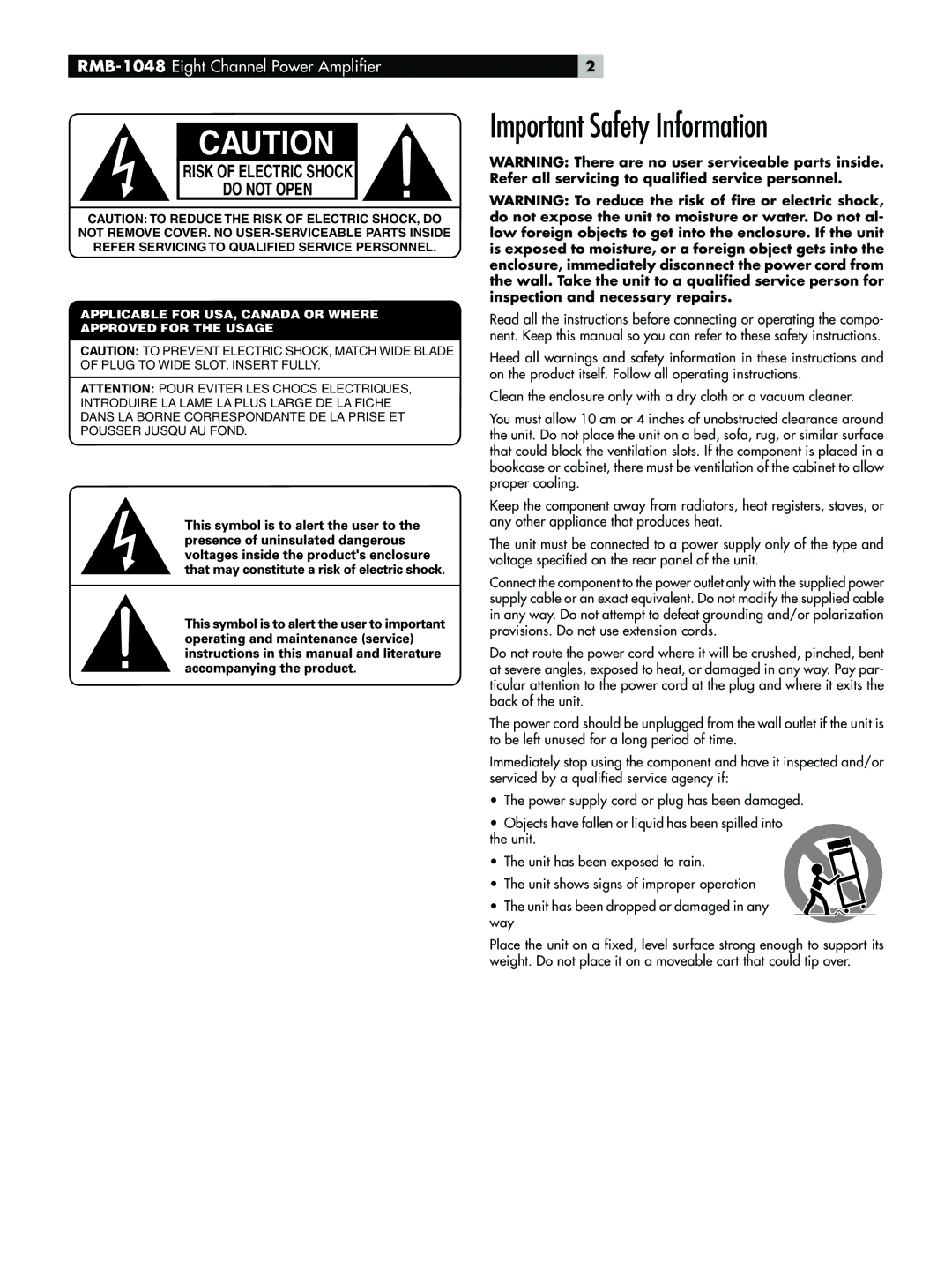 Rotel RMB-1048 owner manual Important Safety Information 