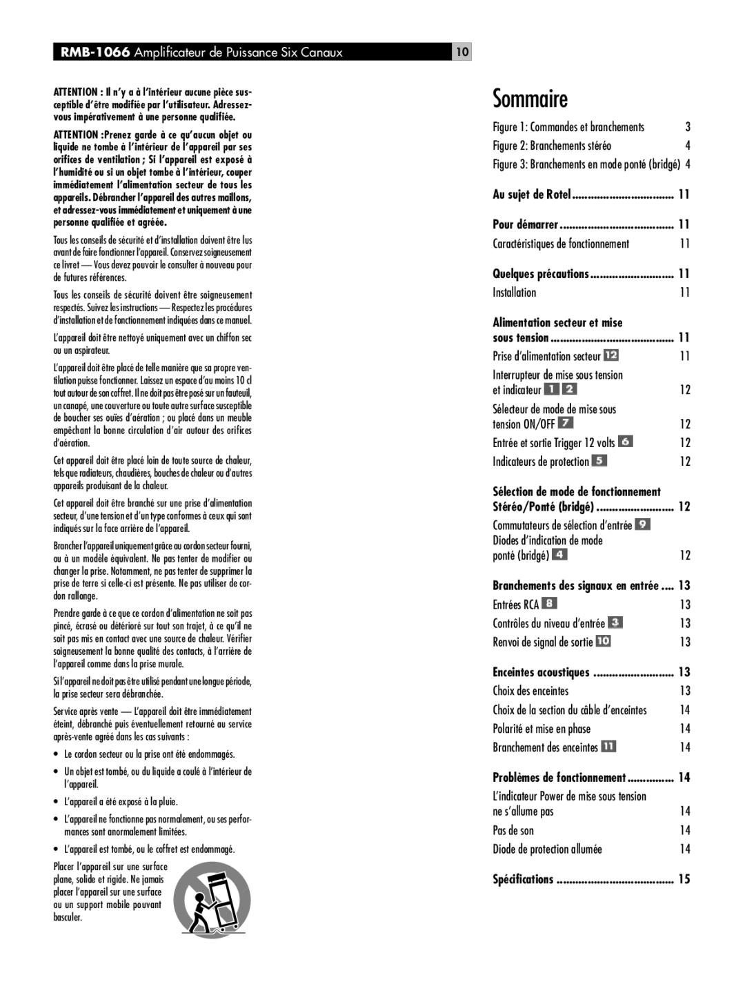 Rotel owner manual Sommaire, RMB-1066Amplificateur de Puissance Six Canaux 