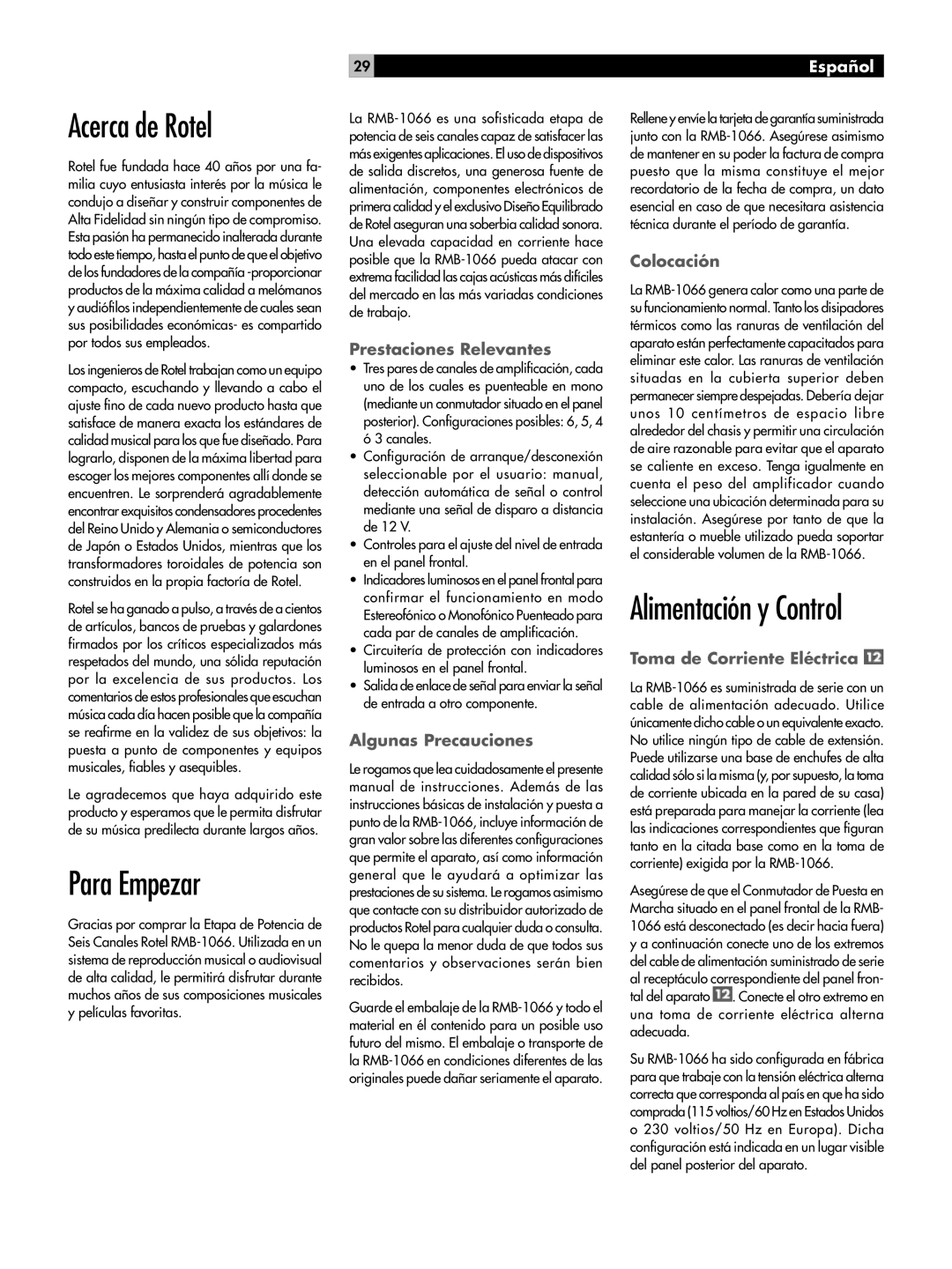 Rotel RMB-1066 owner manual Acerca de Rotel, Para Empezar, Español 