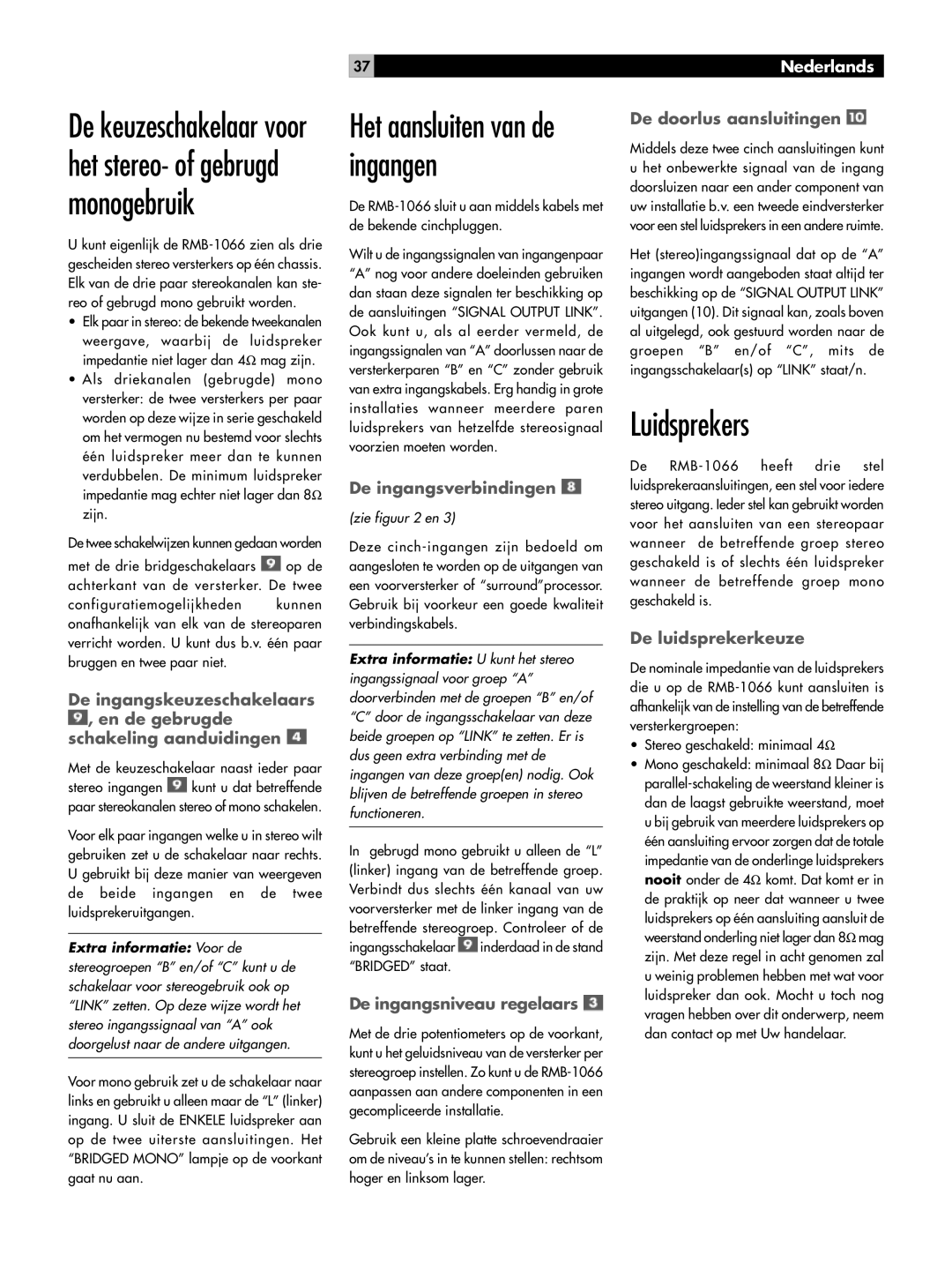 Rotel RMB-1066 owner manual Luidsprekers, De ingangsverbindingen, De ingangsniveau regelaars, De doorlus aansluitingen 