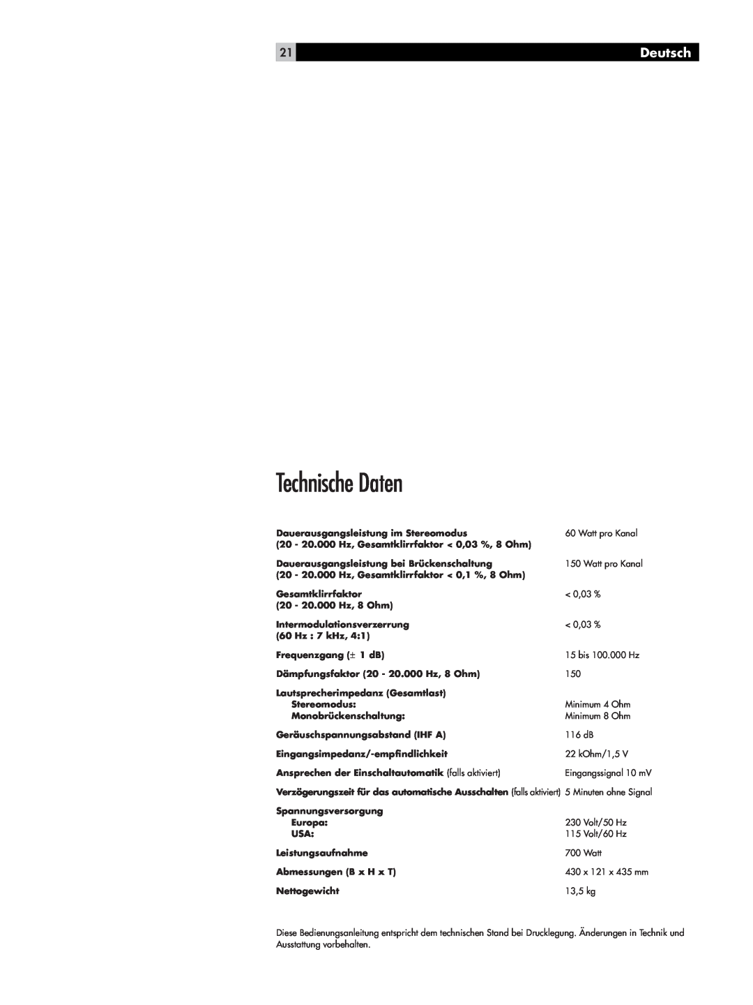 Rotel RMB-1066 owner manual Technische Daten, Deutsch 