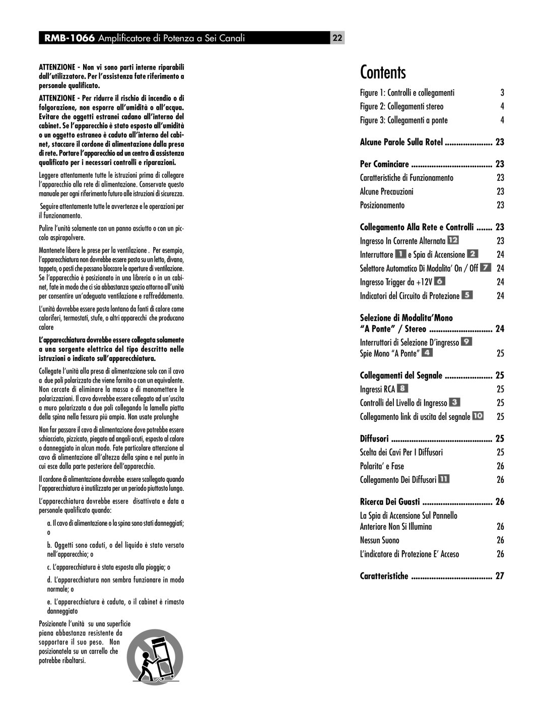 Rotel owner manual Contents, RMB-1066 Amplificatore di Potenza a Sei Canali, Selezione di Modalita’Mono 