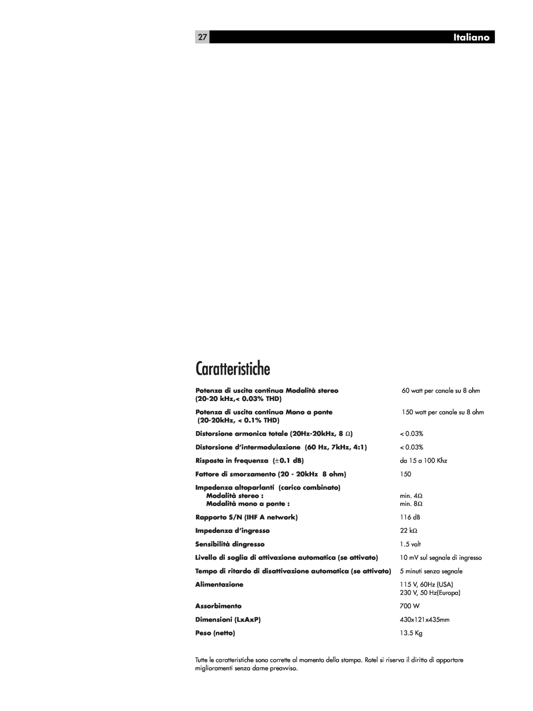 Rotel RMB-1066 owner manual Caratteristiche, Italiano 