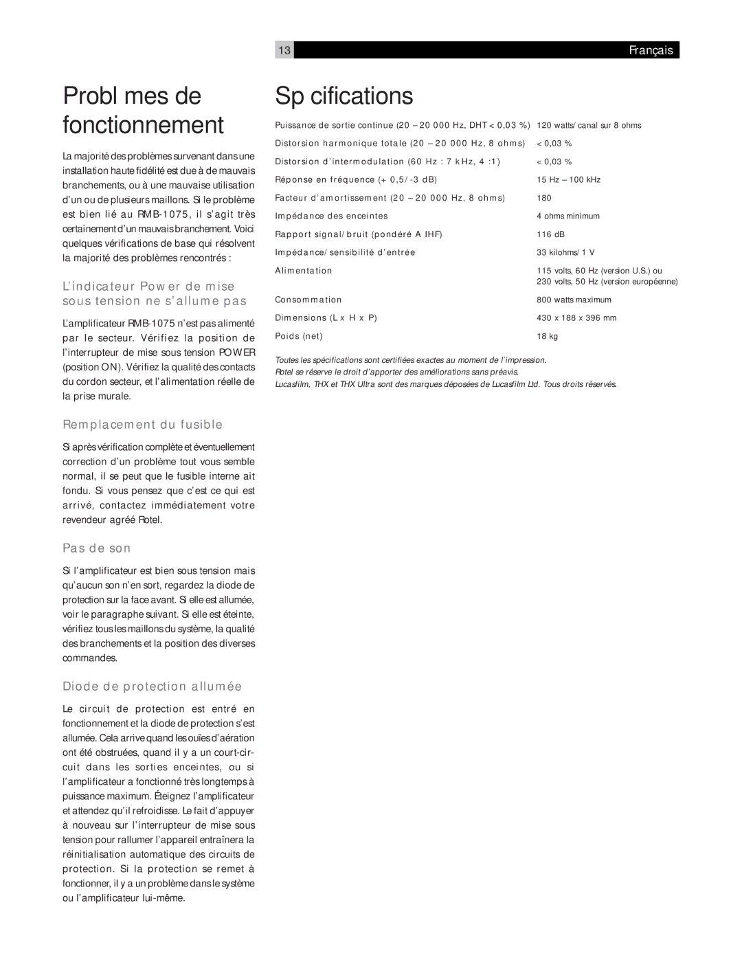 Rotel RMB-1075 Spécifications, ’indicateur Power de mise sous tension ne s’allume pas, Remplacement du fusible, Pas de son 