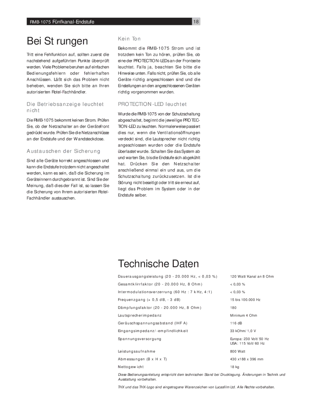 Rotel RMB-1075 owner manual Bei Störungen, Technische Daten 